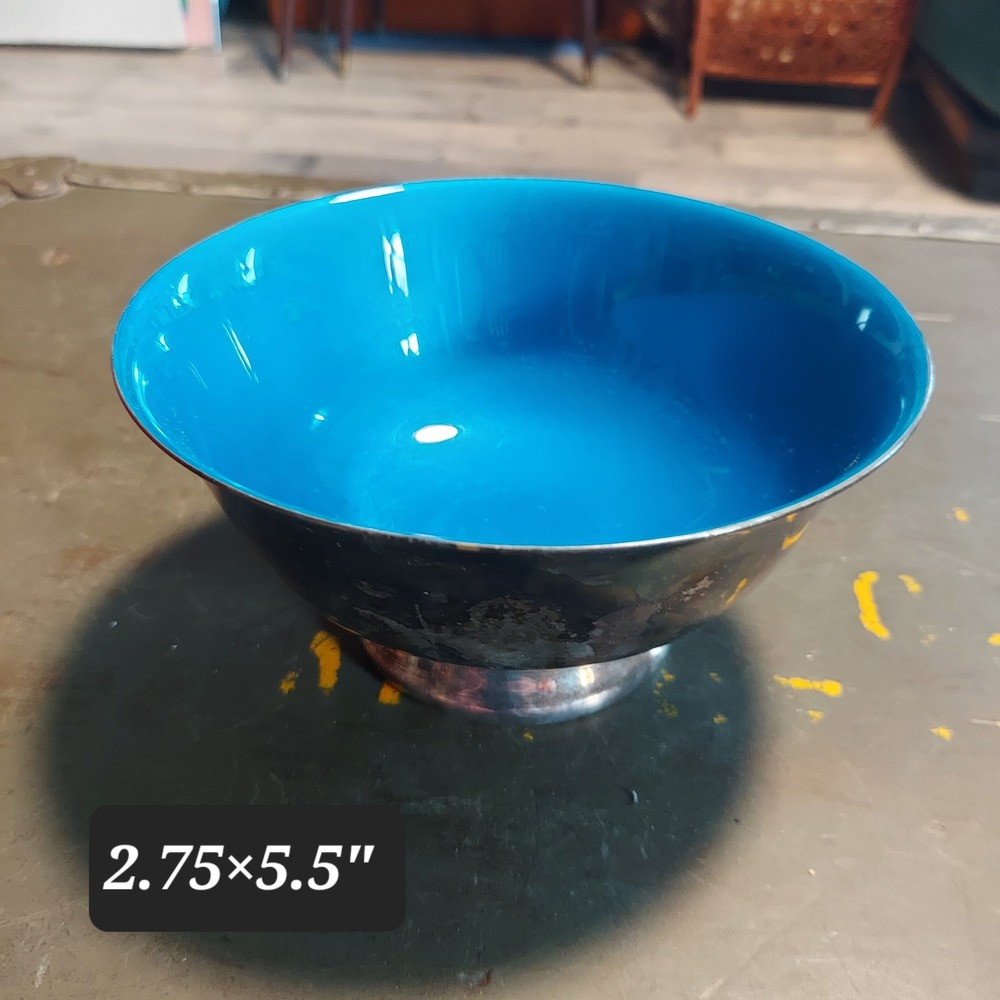 Reed & Barton 102 Silver Plated Blue Enamel Footed Bowl Mid Century Modern MCM